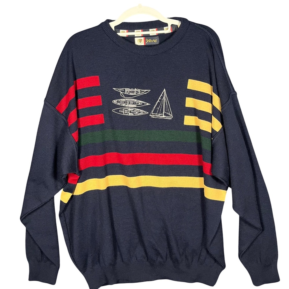 State of Art Sweater Mens XL Navy Blue Merino Wool Nautical Sailboat Striped